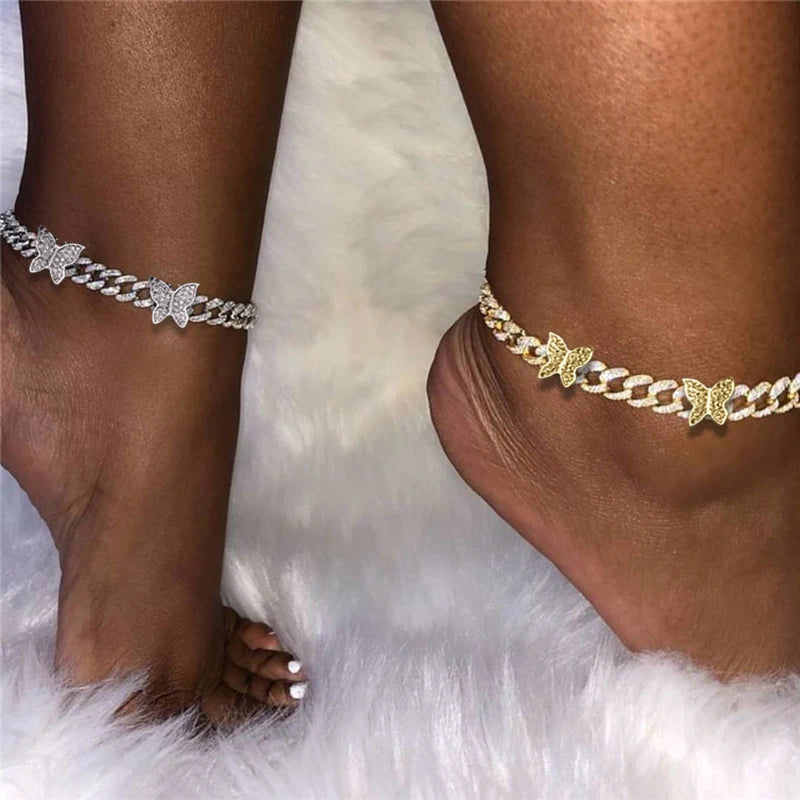 Butterfly Cuban Link Chain Rhinestone Anklet 🦋